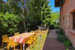 Enjoy outdoor living with this charming backyard featuring a dining set perfect for al fresco meals.