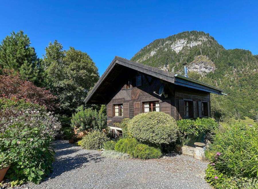 Nestled amidst lush greenery and towering mountains, this charming wooden cabin offers a serene retreat.