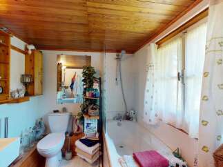 Discover a charming bathroom featuring a classic white toilet and a spacious bathtub, perfect for relaxation.
