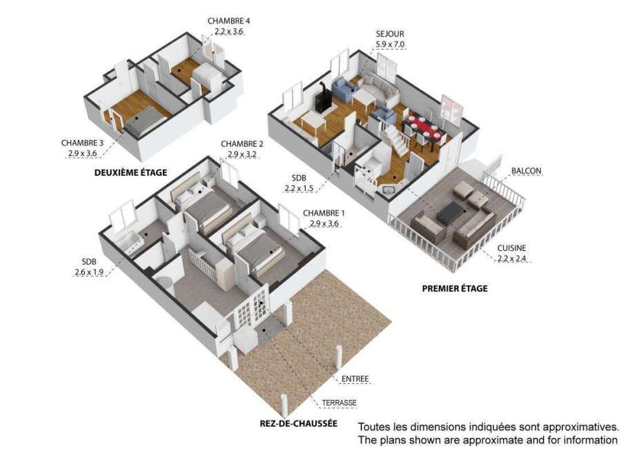 Discover this multi-level property featuring a ground floor with a terrace and entrance, a first floor with a spacious living room, kitchen, and balcony, and a second floor with multiple bedrooms.