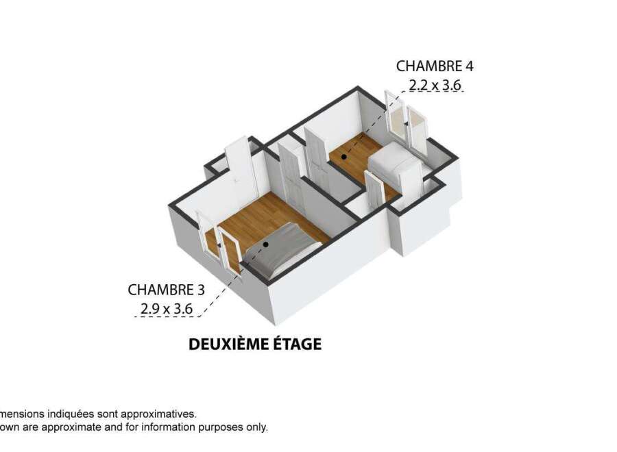 Discover this charming second-floor layout featuring two well-proportioned bedrooms, Chambre 3 (2.