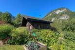 Nestled amidst lush greenery and a vibrant garden, this charming wooden cabin offers a serene mountain retreat.