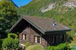 Nestled amidst lush greenery and majestic mountains, this charming wooden chalet offers a serene retreat.
