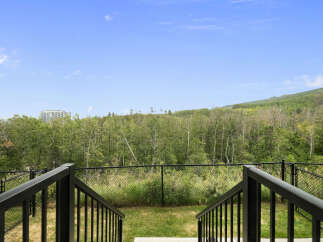 Enjoy the serene natural beauty from this property's backyard, featuring a lush green lawn and a fence overlooking a dense forest.