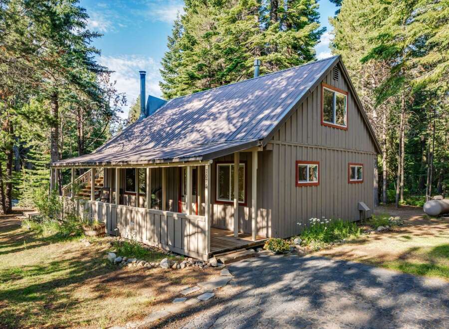 Nestled amongst tall pine trees, this charming cabin offers a serene retreat.