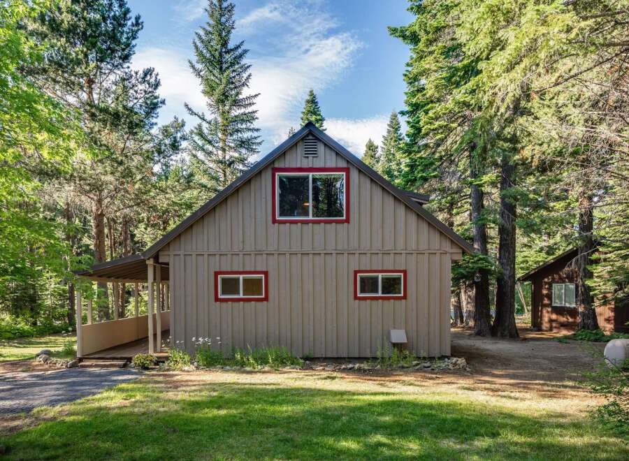 Nestled amidst tall pine trees, this charming cabin offers a serene retreat.