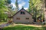 Nestled amidst tall pine trees, this charming cabin offers a serene retreat.