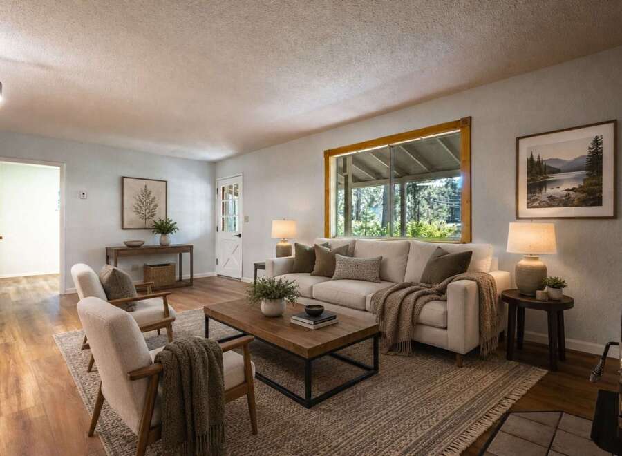 Step into this inviting living room, bathed in natural light from a large picture window overlooking lush greenery.