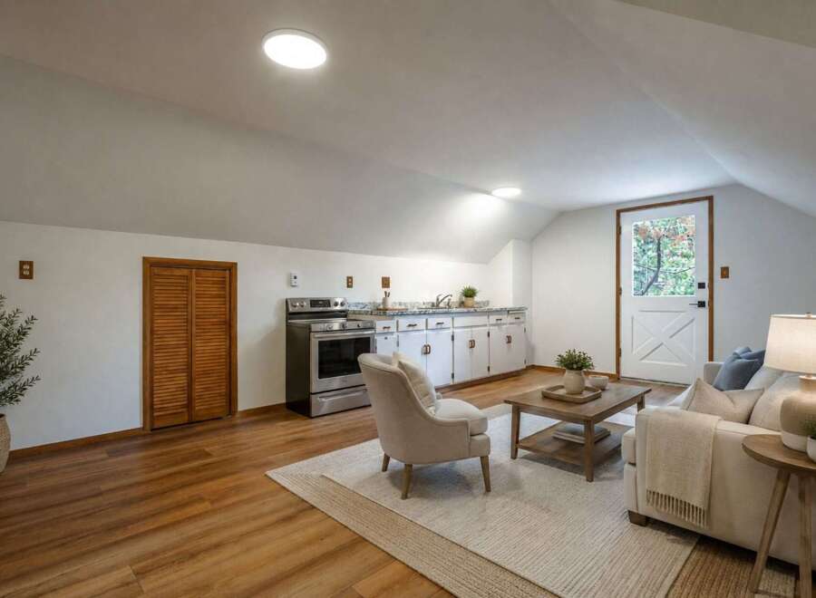 Discover this charming attic studio featuring a functional kitchenette with ample cabinet space and a full-sized stove.