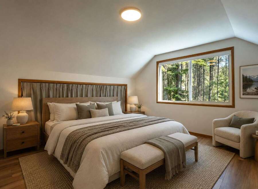 Experience serene living in this charming bedroom, featuring a plush king-size bed adorned with cozy linens and decorative pillows.