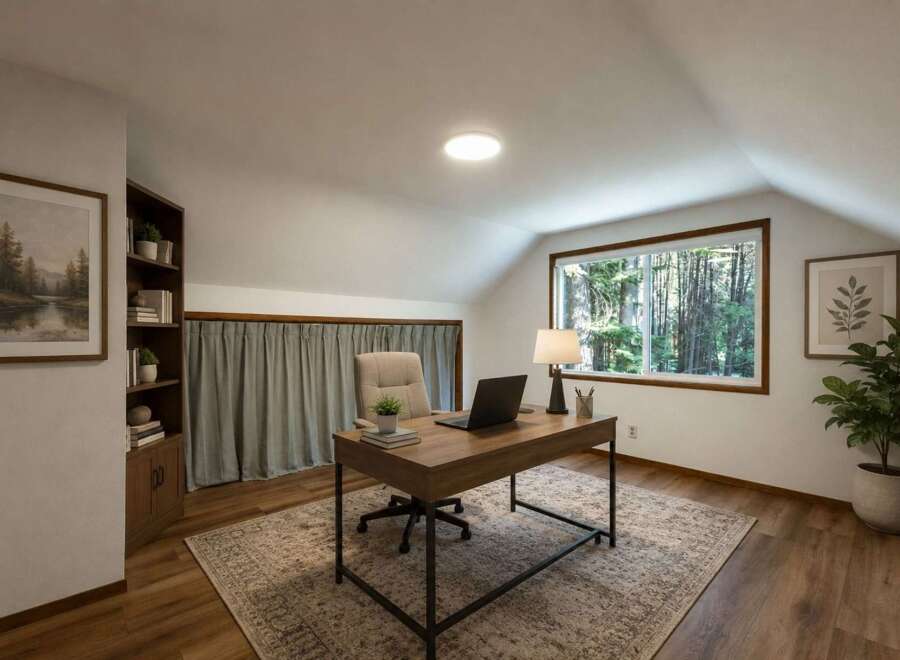 Discover your ideal home office in this charming attic space, featuring a large window with serene forest views.