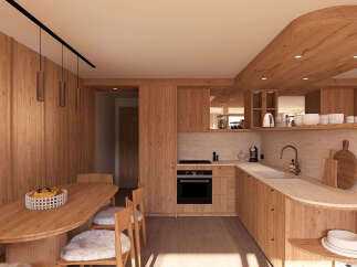 Experience modern living in this beautifully designed kitchen and dining area, featuring warm wood finishes and a sleek, integrated appliance suite.