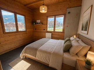 Experience cozy mountain living in this charming wooden cabin bedroom.