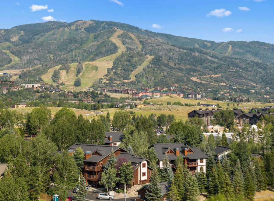 Nestled amidst lush greenery and towering trees, this property offers a serene mountain retreat with stunning views of ski slopes and surrounding peaks.