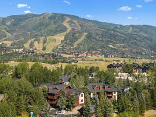 Nestled amidst lush greenery and towering trees, this property offers a serene mountain retreat with stunning views of ski slopes and surrounding peaks.