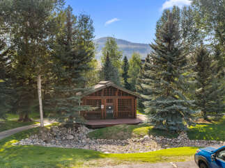 Nestled amidst mature trees and a serene mountain backdrop, this charming wooden cabin offers a unique retreat.