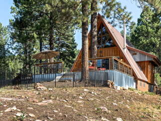 Experience the charm of this A-frame cabin nestled amongst tall pine trees.