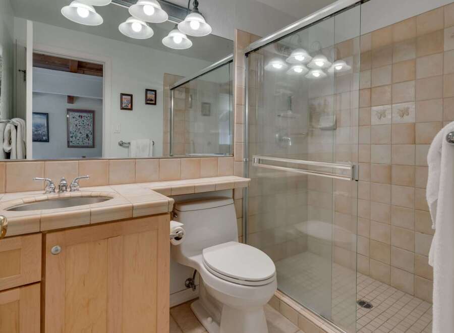 This bathroom features a spacious walk-in shower with glass doors and tiled walls, perfect for a relaxing experience.