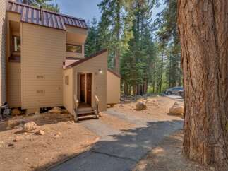 Nestled amidst tall pine trees, this charming property offers a serene mountain retreat.