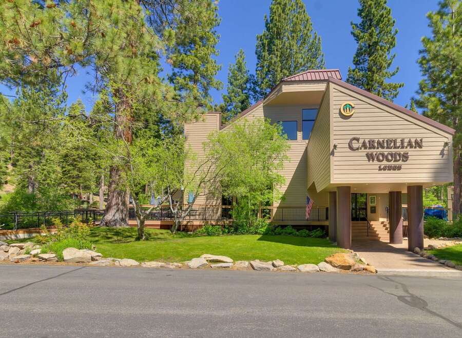Discover Carnelian Woods Lodge, a charming property nestled amidst towering pine trees.