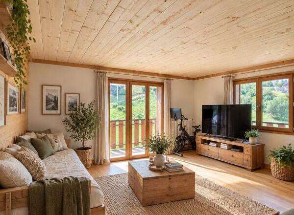Experience cozy living in this charming mountain retreat, featuring a warm and inviting living space with a beautiful wooden ceiling and floors.