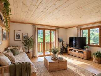 Experience cozy living in this charming mountain retreat, featuring a warm and inviting living space with a beautiful wooden ceiling and floors.