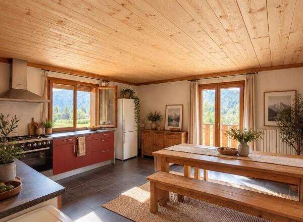 Experience rustic charm in this inviting kitchen and dining area, featuring a warm wooden ceiling and ample natural light.