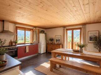 Experience rustic charm in this inviting kitchen and dining area, featuring a warm wooden ceiling and ample natural light.