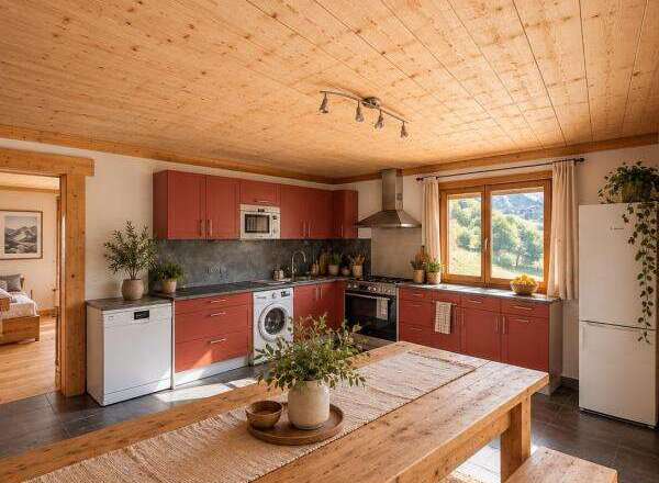 Experience rustic charm in this beautifully appointed kitchen, featuring warm wooden ceilings and cabinetry.