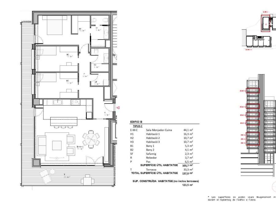 Discover this spacious 3-bedroom apartment (Tipus C) in Edifici B, offering a generous 137.