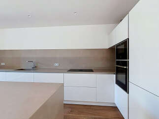 Experience modern living in this sleek, minimalist kitchen featuring integrated appliances and ample counter space.