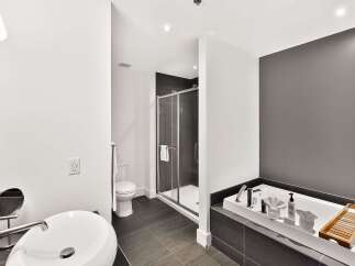 Experience luxury in this modern bathroom featuring a deep soaking tub and a separate glass-enclosed shower.