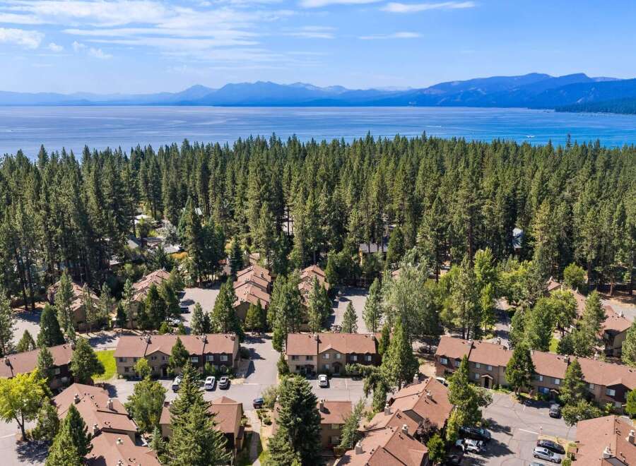 Discover this stunning aerial view showcasing a charming residential community nestled amidst a dense forest, with a breathtaking lake and distant mountains forming a picturesque backdrop.