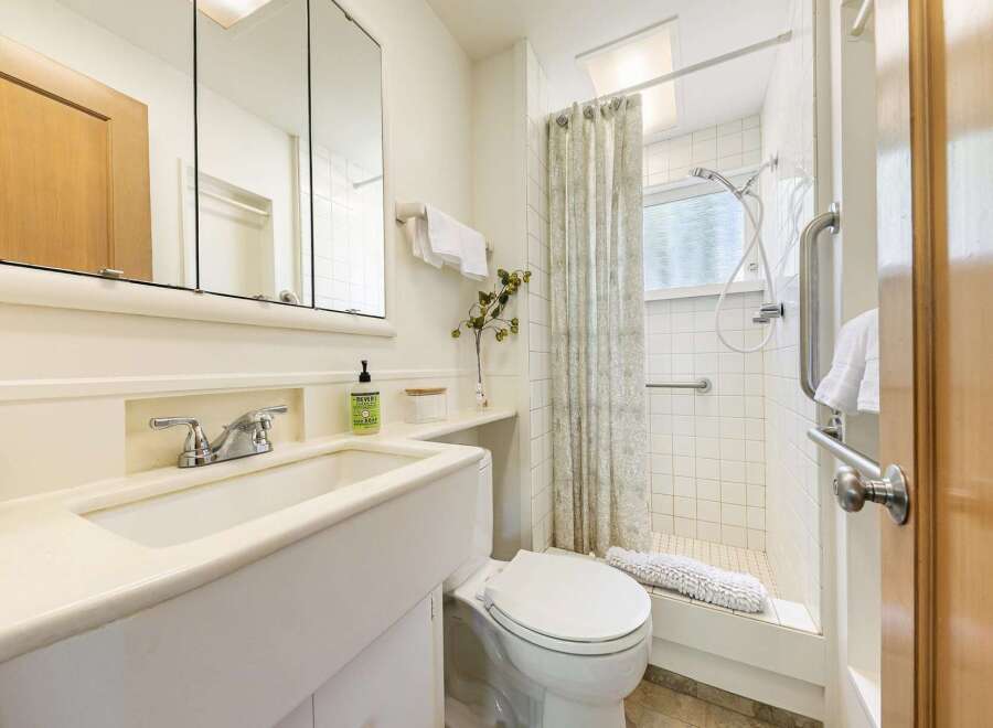 This bright and clean bathroom features a spacious vanity with a modern faucet and a large mirrored medicine cabinet.