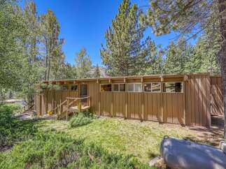 Nestled amidst tall trees, this charming home offers a serene retreat with its natural wood siding and abundant windows.