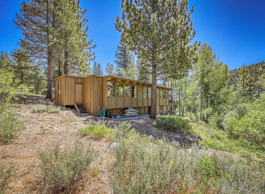 Nestled amidst towering pines and lush greenery, this charming wooden cabin offers a serene mountain retreat.