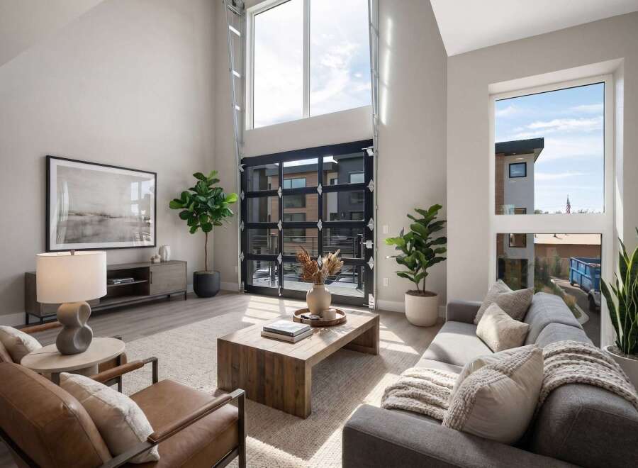 Experience modern living in this stunning living room featuring soaring ceilings and a dramatic floor-to-ceiling glass garage door that opens to the outdoors.