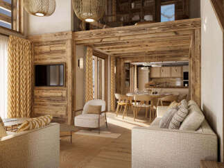 Experience luxurious mountain living in this stunning chalet, featuring a spacious open-plan living area with a cozy fireplace and ample natural light.