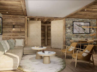Experience rustic luxury in this charming living and dining area, featuring exposed wooden beams and a cozy stone accent wall.