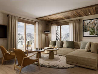 Experience luxury mountain living in this stunning living room, featuring a spacious sectional sofa and two accent chairs perfect for relaxing.