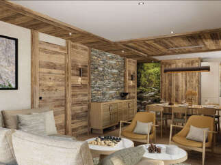 Experience rustic luxury in this mountain-inspired living space, featuring warm wood paneling and a striking stone accent wall.
