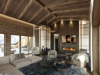 Experience luxury mountain living in this stunning chalet living room, featuring a modern sectional sofa, a cozy fireplace, and breathtaking panoramic views of snow-capped mountains.