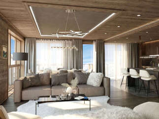 Experience luxury mountain living in this stunning contemporary chalet, featuring a spacious open-plan living area with a plush sectional sofa and a modern fireplace.
