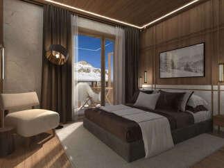 Experience luxury mountain living in this stunning bedroom, featuring a cozy king-size bed with plush bedding and a private balcony offering breathtaking views of snow-capped peaks.