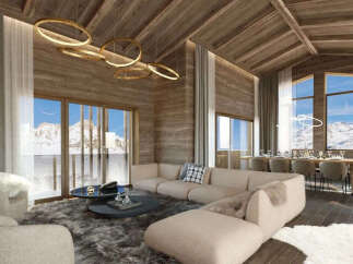 Experience luxury mountain living in this stunning chalet, featuring a spacious open-plan living area with a plush sectional sofa and a cozy fireplace.