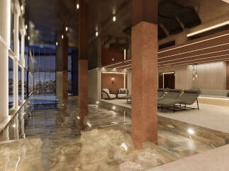 Experience luxury living with this stunning indoor pool area, featuring a sleek, modern design and ambient lighting.