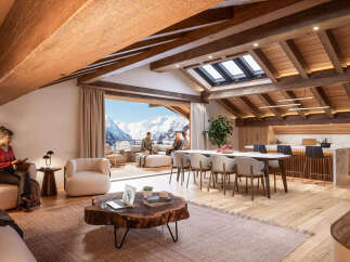 Experience luxury mountain living in this stunning penthouse with breathtaking panoramic views of snow-capped peaks.