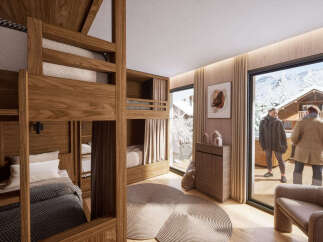 Experience ultimate comfort in this charming ski chalet bedroom, featuring cozy bunk beds with plush bedding and private curtains for each sleeping space.