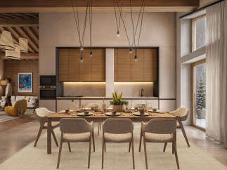 Experience luxurious mountain living in this stunning dining room and kitchen area, featuring a rustic wooden ceiling and modern cabinetry.