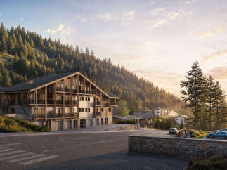 Experience luxury mountain living in this stunning chalet-style property nestled against a backdrop of evergreen forests and a gentle slope.